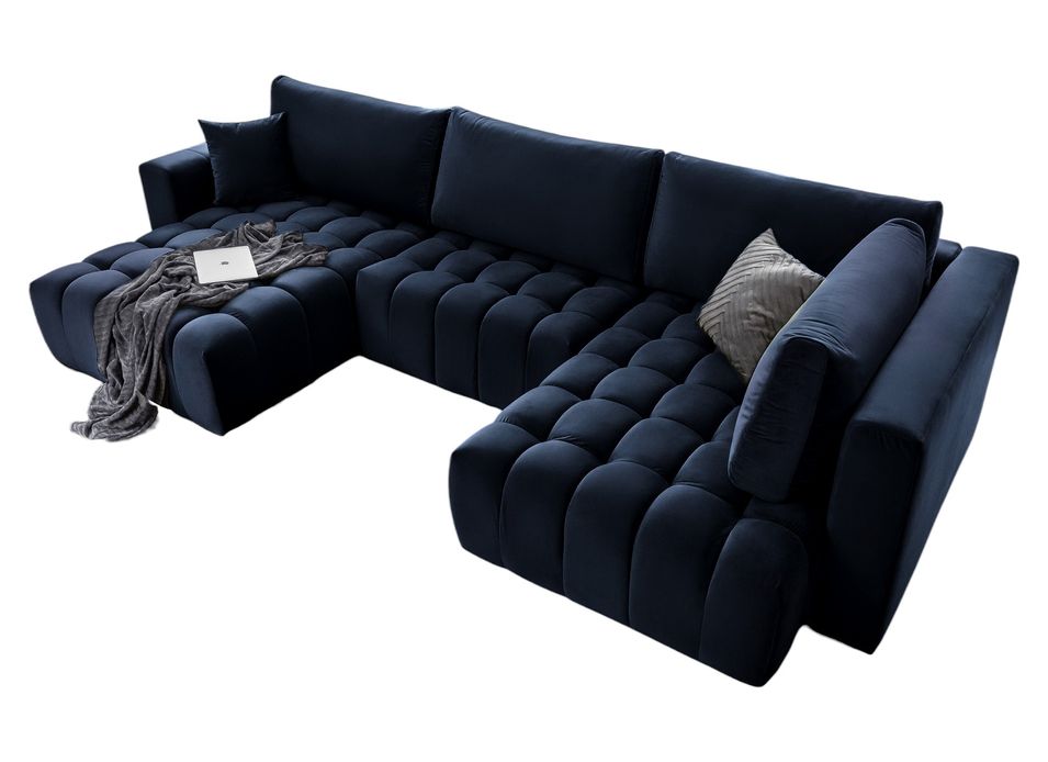 Canapé panoramique convertible design capitonné velours bleu nuit méridienne gauche Boston 350 cm - Photo n°1