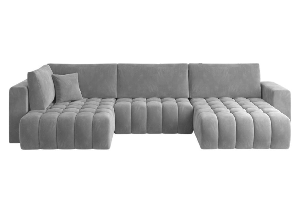 Canapé panoramique convertible design capitonné velours gris clair méridienne droite Boston 350 cm - Photo n°1