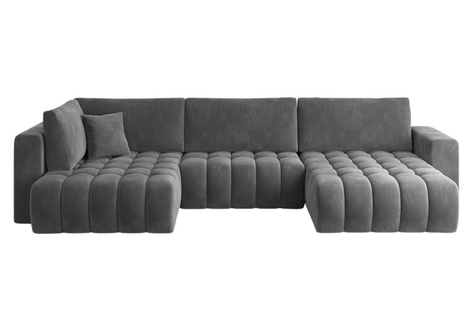 Canapé panoramique convertible design capitonné velours gris foncé méridienne droite Boston 350 cm - Photo n°1