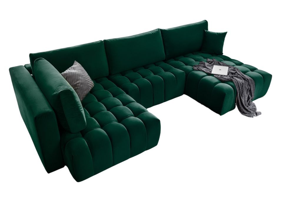 Canapé panoramique convertible design capitonné velours vert foncé méridienne droite Boston 350 cm - Photo n°1