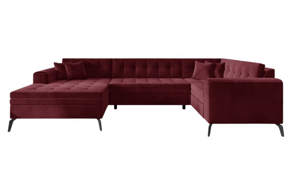 Canapé panoramique convertible gauche tissu bordeaux matelassé Bonty 340 cm - Photo n°1