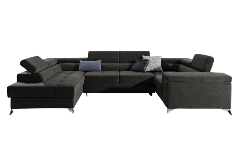 Canapé panoramique convertible tissu anthracite avec coffre de rangement Triano 342 cm - Photo n°1