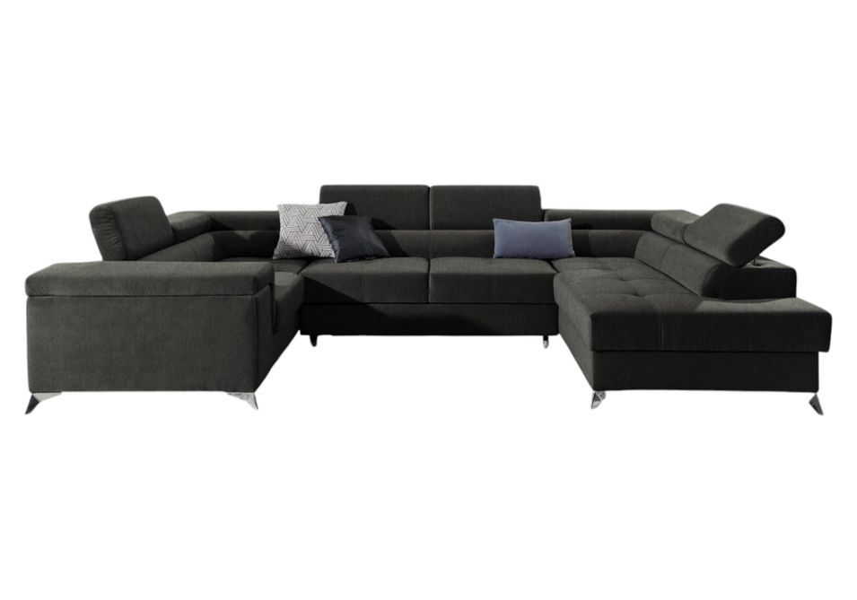 Canapé panoramique convertible tissu anthracite avec coffre de rangement Triano 342 cm - Photo n°1