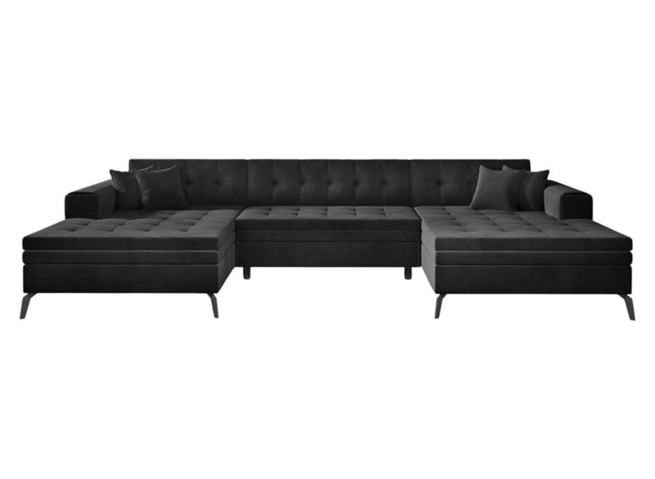 Canapé panoramique convertible tissu capitonné noir Romy 350 cm - Photo n°1