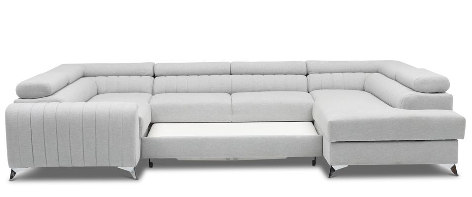 Canapé panoramique convertible tissu gris clair avec coffre de rangement Louve 340 cm - Photo n°4