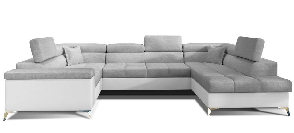 Canapé panoramique convertible tissu gris clair et simili cuir blanc avec coffre de rangement Triano 342 cm - Photo n°1