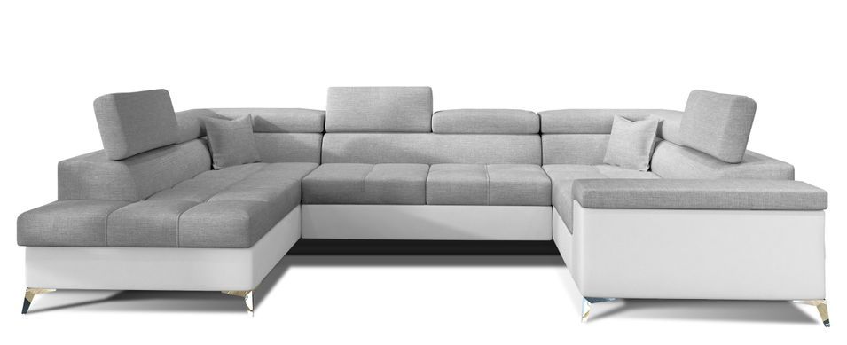 Canapé panoramique convertible tissu gris clair et simili cuir blanc avec coffre de rangement Triano 342 cm - Photo n°9