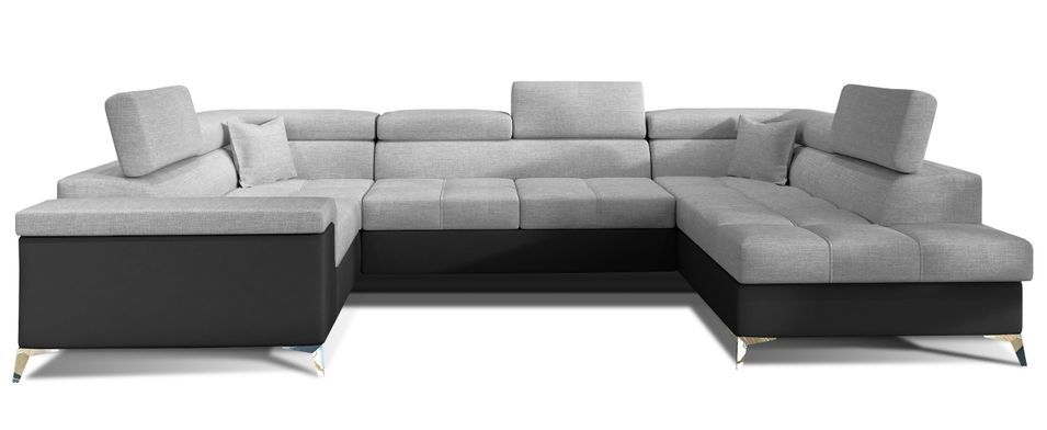 Canapé panoramique convertible tissu gris clair et simili cuir noir avec coffre de rangement Triano 342 cm - Photo n°13