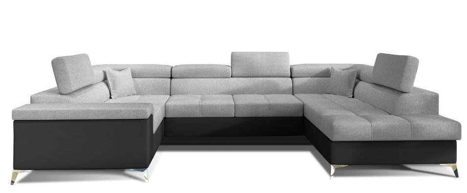 Canapé panoramique convertible tissu gris clair et simili cuir noir avec coffre de rangement Triano 342 cm - Photo n°1