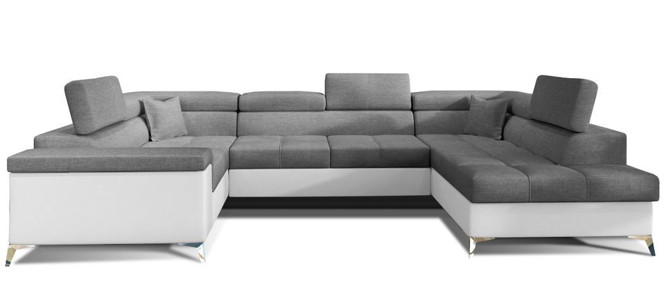 Canapé panoramique convertible tissu gris foncé et simili cuir blanc avec coffre de rangement Triano 342 cm - Photo n°13