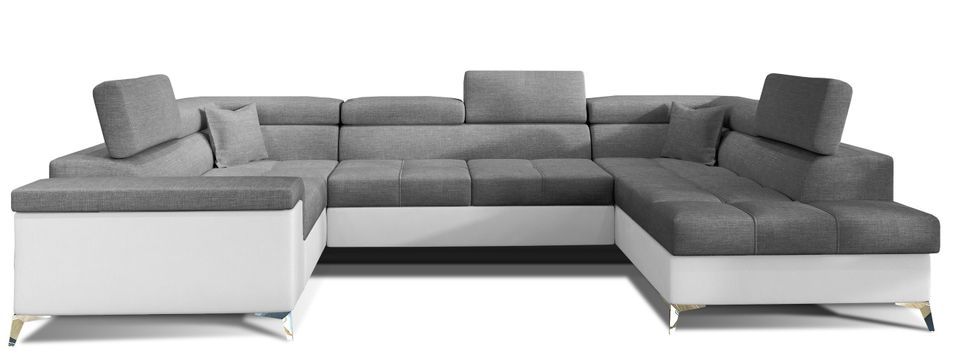 Canapé panoramique convertible tissu gris foncé et simili cuir blanc avec coffre de rangement Triano 342 cm - Photo n°1