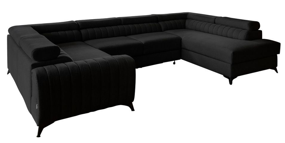 Canapé panoramique convertible tissu noir avec coffre de rangement Louve 340 cm - Photo n°1