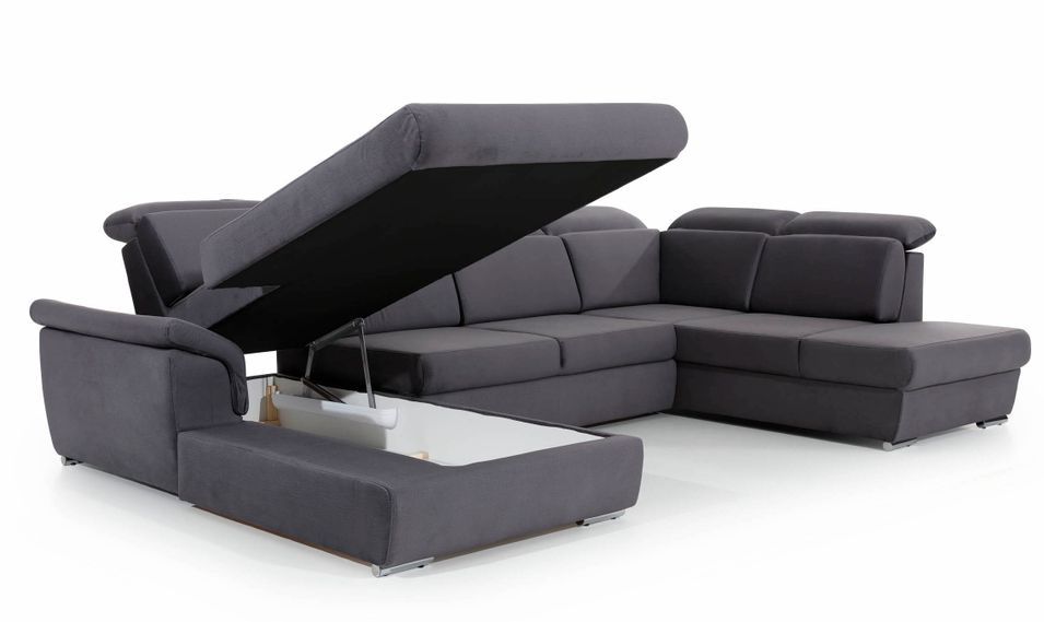 Canapé panoramique convertible tissu noir coffre de rangement à gauche Levano 330 cm - Photo n°22