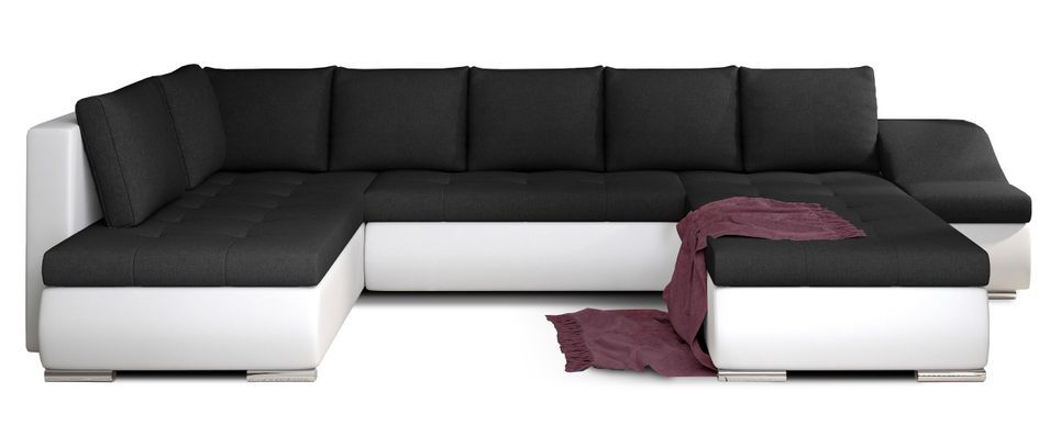 Canapé panoramique convertible tissu noir et simili cuir blanc Jonaz 340 cm - Photo n°9