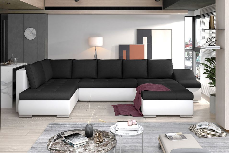 Canapé panoramique convertible tissu noir et simili cuir blanc Jonaz 340 cm - Photo n°11