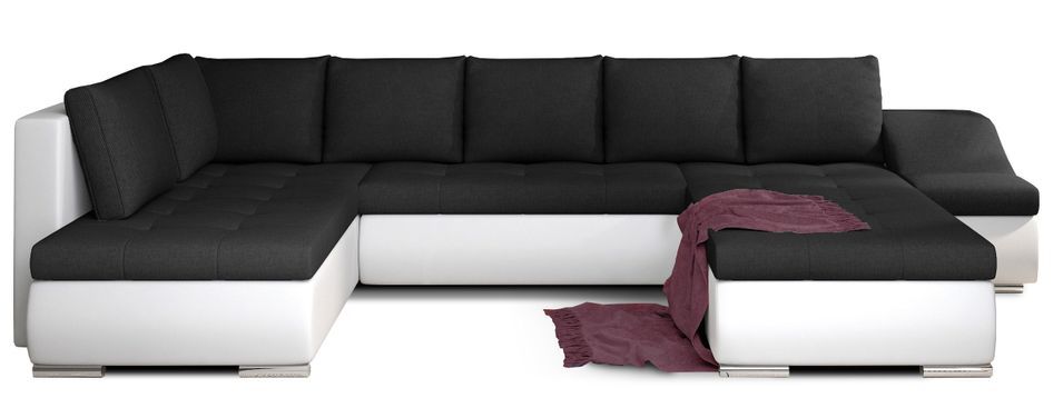 Canapé panoramique convertible tissu noir et simili cuir blanc Jonaz 340 cm - Photo n°1