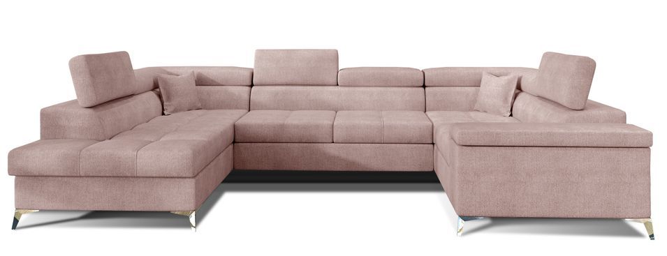 Canapé panoramique convertible tissu rose clair avec coffre de rangement Triano 342 cm - Photo n°1