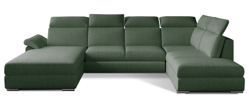 Canapé panoramique convertible tissu vert épinard coffre de rangement à gauche Levano 330 cm - Photo n°1