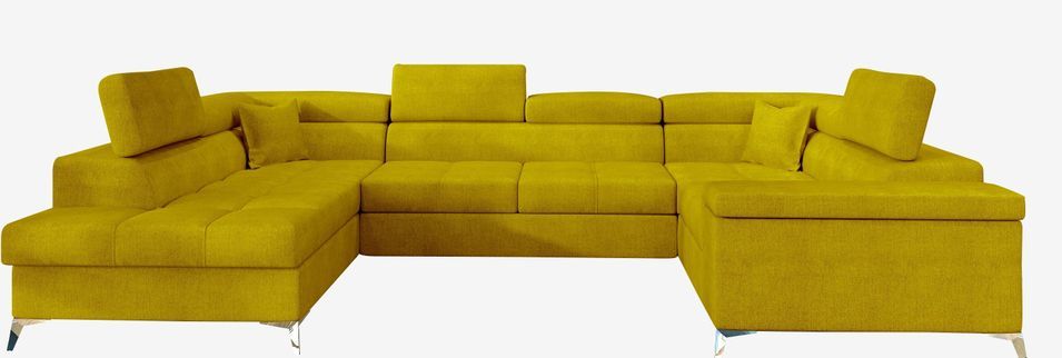 Canapé panoramique convertible tissu vert moutarde avec coffre de rangement Triano 342 cm - Photo n°1
