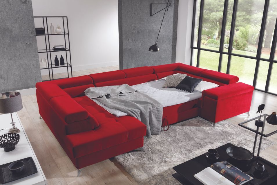 Canapé panoramique convertible velours rouge avec coffre de rangement Triano 342 cm - Photo n°4