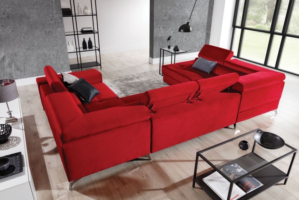 Canapé panoramique convertible velours rouge avec coffre de rangement Triano 342 cm - Photo n°6