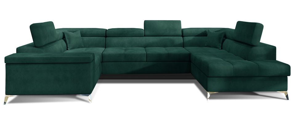 Canapé panoramique convertible velours vert foncé avec coffre de rangement Triano 342 cm - Photo n°1