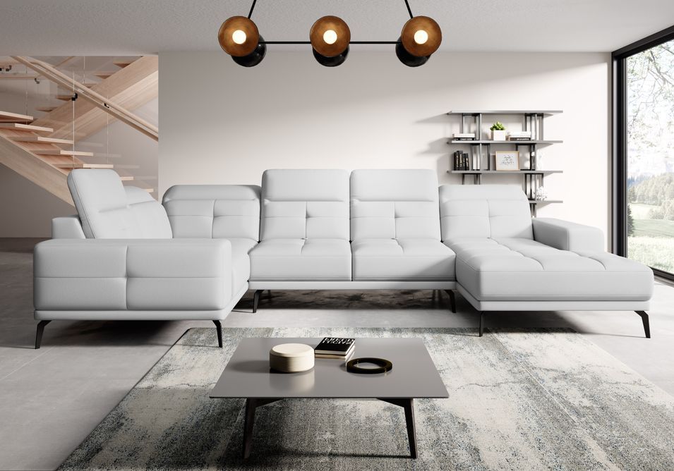 Canapé panoramique design simili cuir blanc têtières angle gauche avec accoudoir Stan 350 cm - Photo n°1