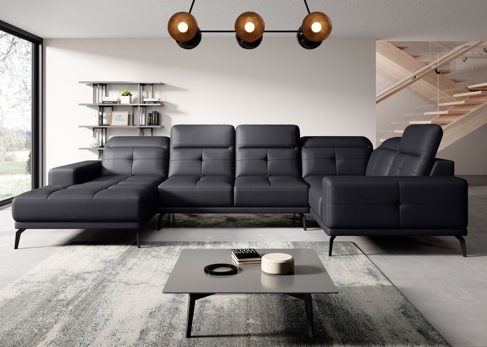 Canapé panoramique design simili cuir noir têtières angle droit avec accoudoir Stan 350 cm - Photo n°1