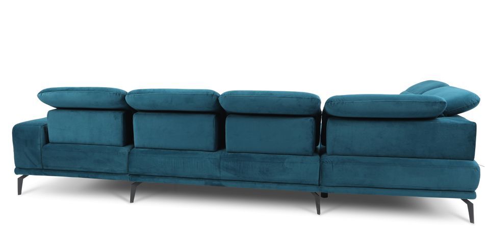 Canapé panoramique design tissu bleu canard têtières angle gauche avec accoudoir Stan 350 cm - Photo n°5