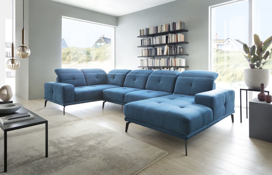 Canapé panoramique design tissu bleu canard têtières angle gauche avec accoudoir Stan 350 cm - Photo n°6
