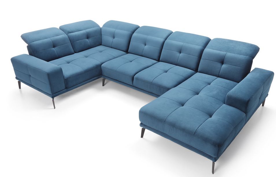 Canapé panoramique design tissu bleu canard têtières angle gauche avec accoudoir Stan 350 cm - Photo n°4