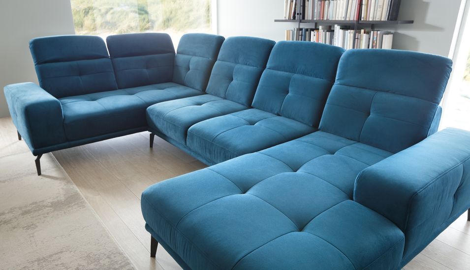 Canapé panoramique design tissu bleu canard têtières angle gauche avec accoudoir Stan 350 cm - Photo n°8