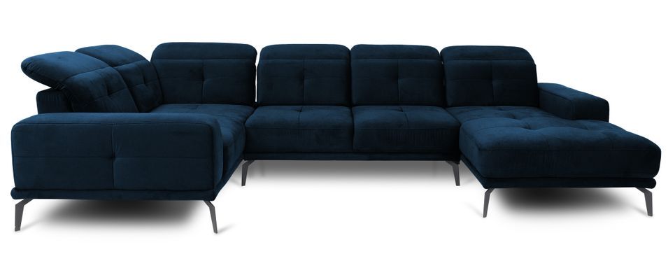 Canapé panoramique design tissu bleu nuit têtières angle gauche avec accoudoir Stan 350 cm - Photo n°1