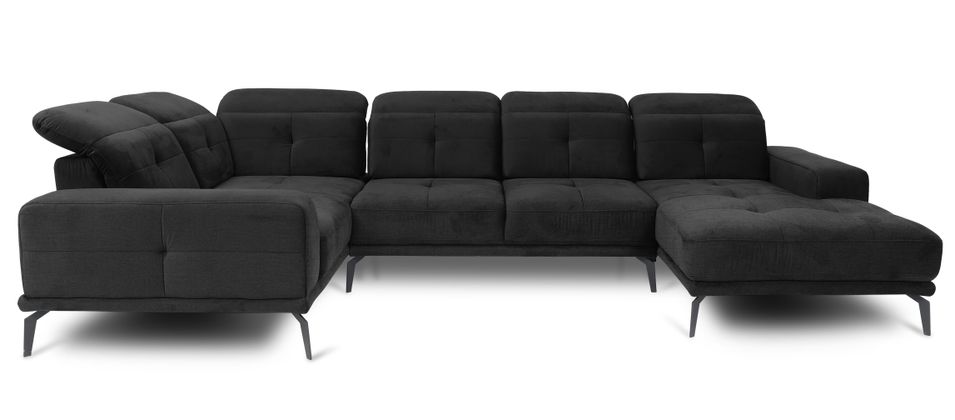 Canapé panoramique design tissu doux noir têtières angle gauche avec accoudoir Stan 350 cm - Photo n°1