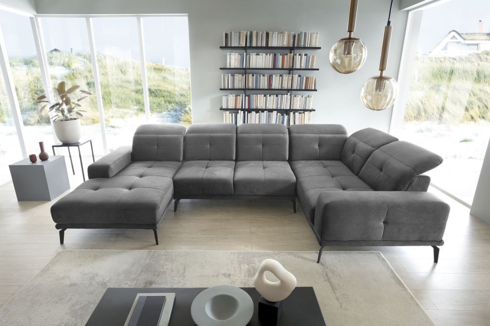 Canapé panoramique design tissu gris foncé têtières angle droit avec accoudoir Stan 350 cm - Photo n°2