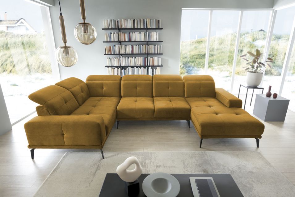 Canapé panoramique design tissu jaune têtières angle gauche avec accoudoir Stan 350 cm - Photo n°3
