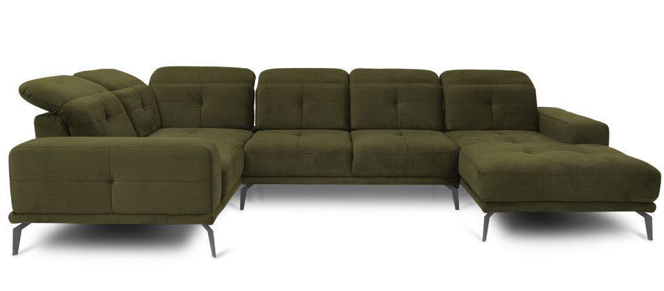 Canapé panoramique design tissu vert olive têtières angle gauche avec accoudoir Stan 350 cm - Photo n°1