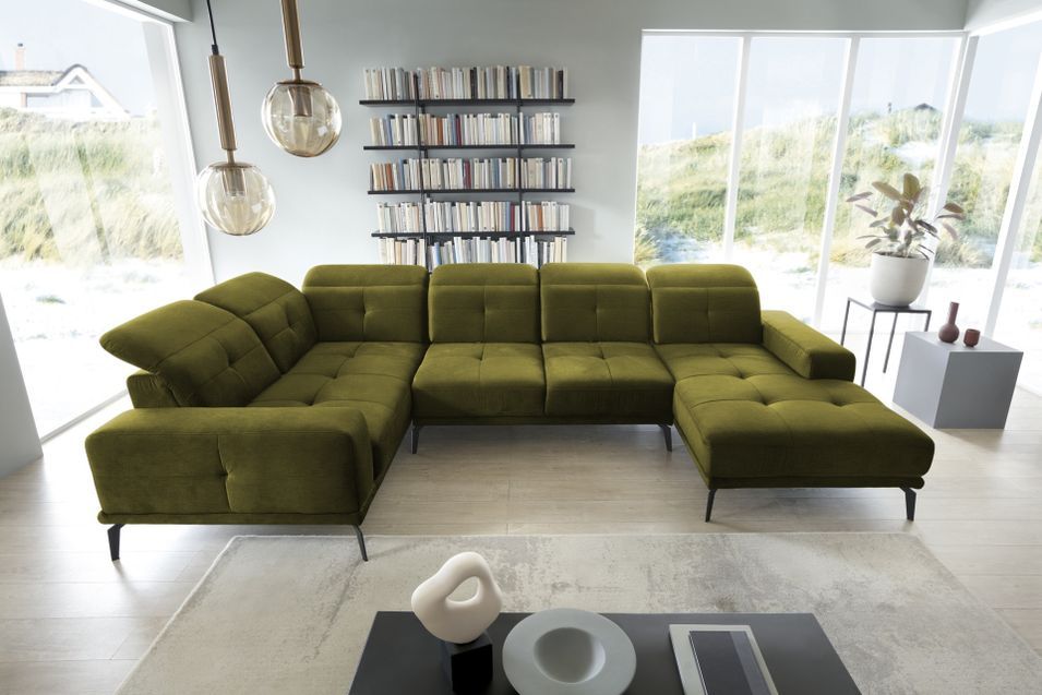 Canapé panoramique design tissu vert olive têtières angle gauche avec accoudoir Stan 350 cm - Photo n°3