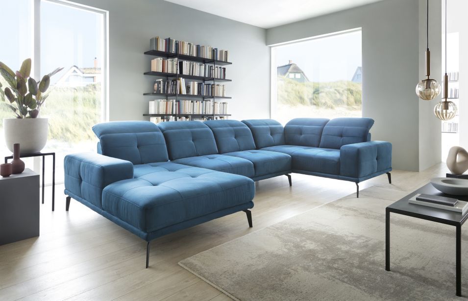 Canapé panoramique design velours bleu nuit têtières angle droit avec accoudoir Stan 350 cm - Photo n°5