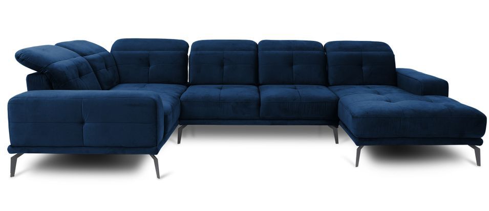 Canapé panoramique design velours bleu nuit têtières angle gauche avec accoudoir Stan 350 cm - Photo n°1
