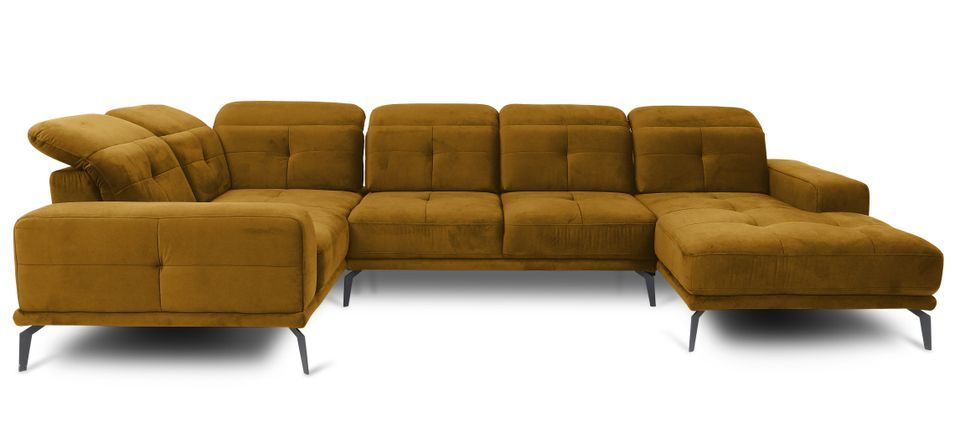 Canapé panoramique design velours jaune têtières angle gauche avec accoudoir Stan 350 cm - Photo n°1