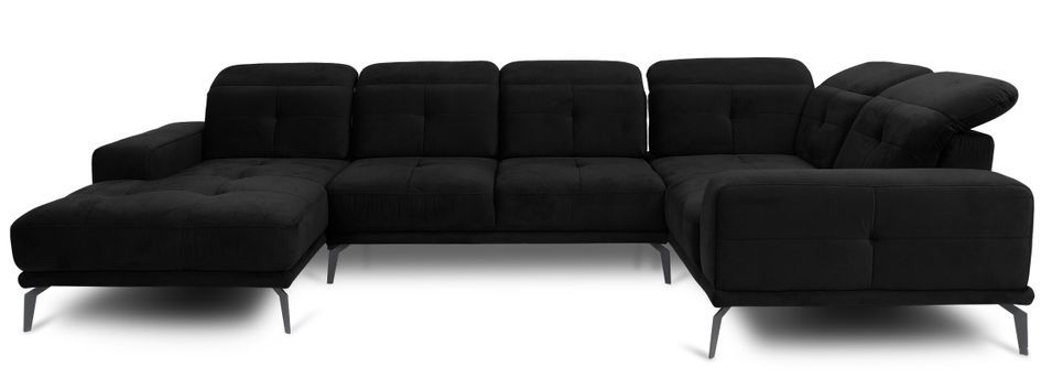 Canapé panoramique design velours noir têtières angle droit avec accoudoir Stan 350 cm - Photo n°1