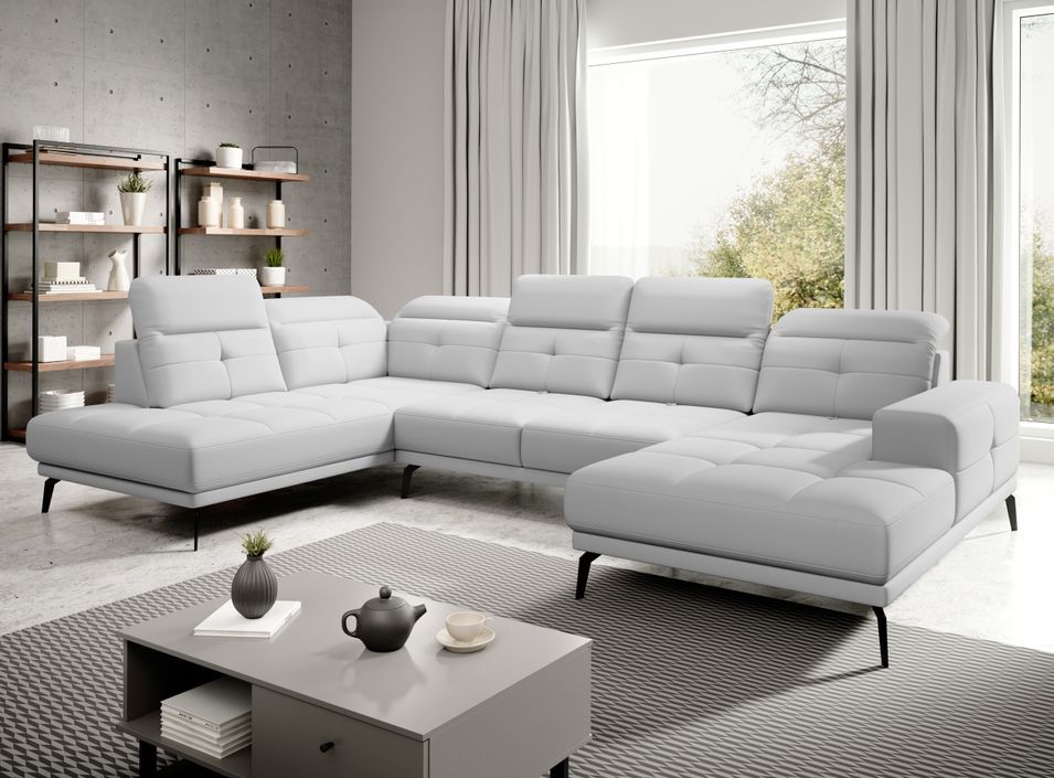 Canapé panoramique moderne simili cuir blanc angle gauche Versus 350 cm - Photo n°1