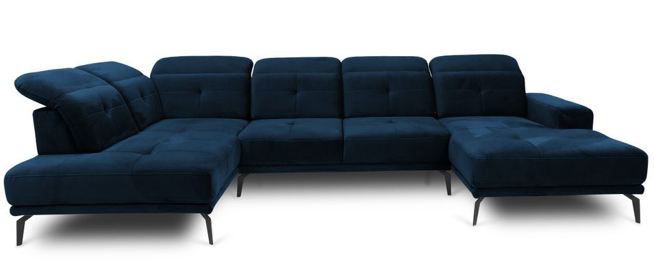 Canapé panoramique moderne tissu bleu nuit têtières angle gauche Versus 350 cm - Photo n°1