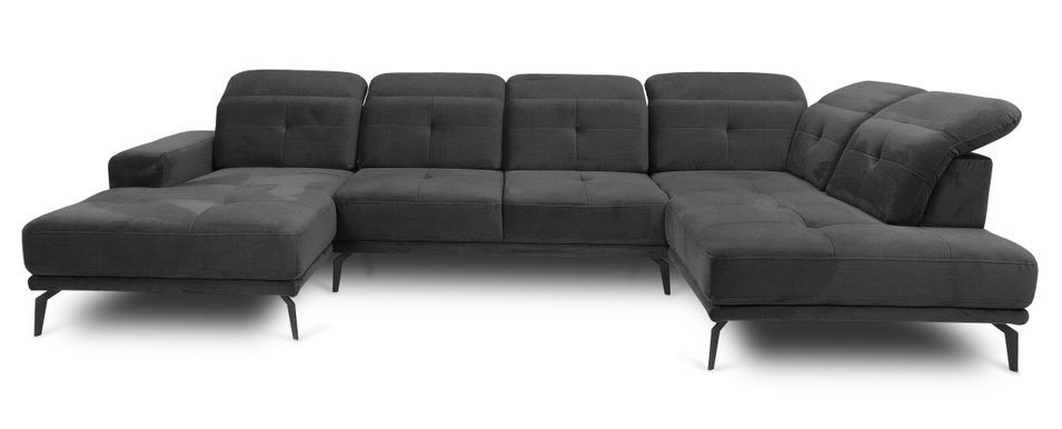 Canapé panoramique moderne tissu doux noir têtières angle droit Versus 350 cm - Photo n°1