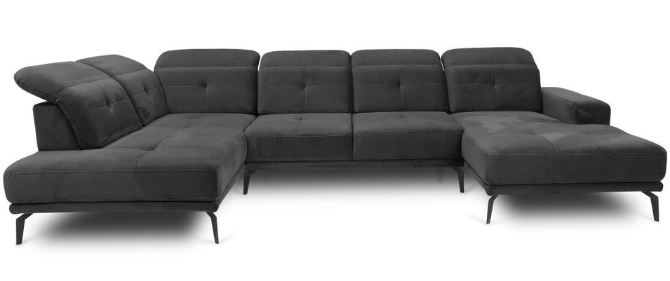 Canapé panoramique moderne tissu doux noir têtières angle gauche Versus 350 cm - Photo n°1