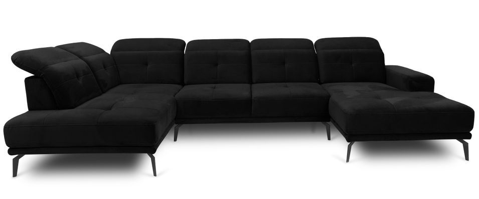 Canapé panoramique moderne tissu noir têtières angle gauche Versus 350 cm - Photo n°1