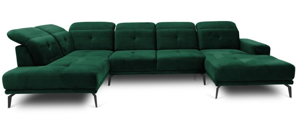 Canapé panoramique moderne tissu vert foncé têtières angle gauche Versus 350 cm - Photo n°1