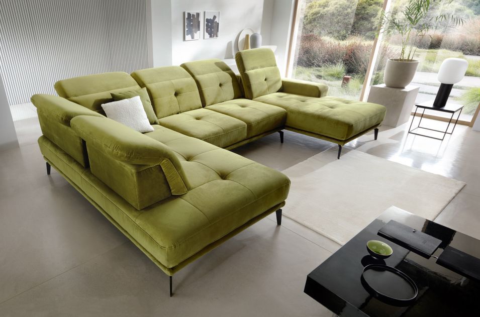 Canapé panoramique moderne tissu vert foncé têtières angle gauche Versus 350 cm - Photo n°7