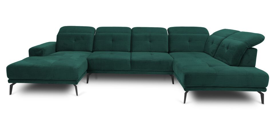 Canapé panoramique moderne tissu vert têtières angle droit Versus 350 cm - Photo n°1